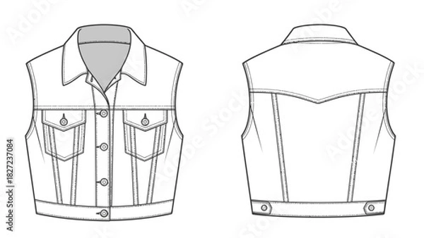 Fototapeta Fashion Flat Sketch Classic Denim Vest with Collar and Button Front, Front and Back Views
