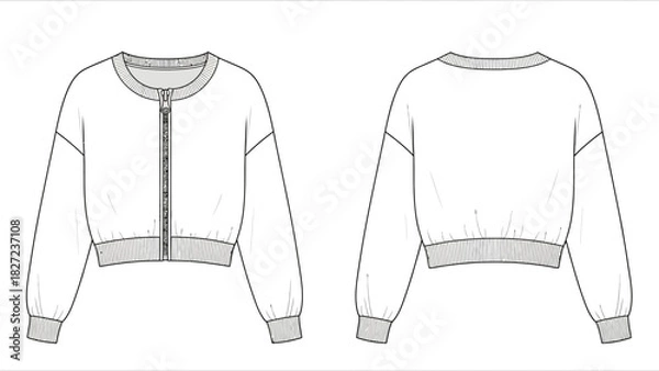 Fototapeta A flat sketch of a cropped bomber jacket with a zipper and elastic cuffs, shown front and back