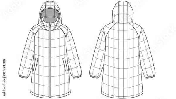 Fototapeta Front and back view of a simple quilted hooded jacket technical drawing on a white background
