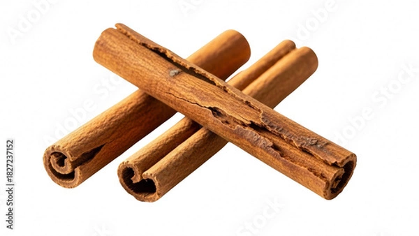 Obraz Three rolled cinnamon sticks crossed over each other, isolated on transparent background