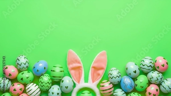 Obraz  Colorful Easter Eggs and Pink Bunny Ears Border on Green Background with Copy Space