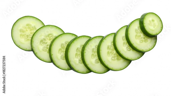 Obraz A curved arrangement of fresh, bright green cucumber slices isolated on transparent background for healthy food presentation