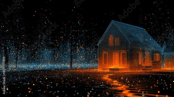 Obraz Isolated House at Night with a Warm Glow and Snow