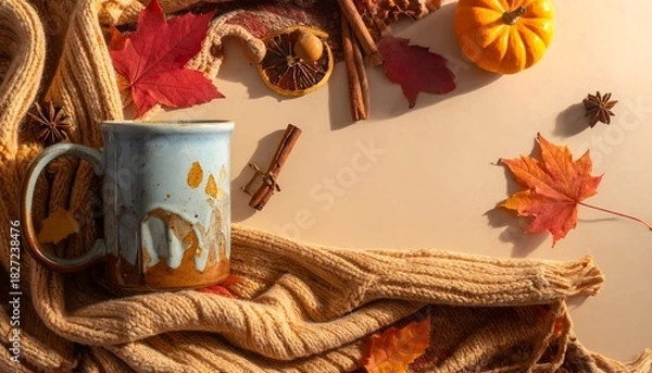 Fototapeta Cozy autumn scene mug, sweater, leaves, pumpkin, and spices arranged on a light surface