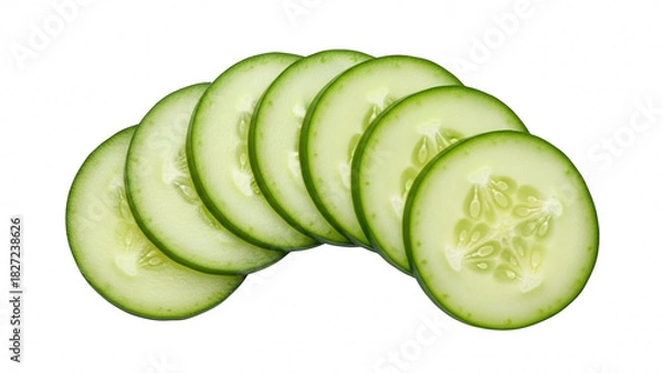 Obraz Fresh green cucumber slices fanned out and isolated on transparent background for healthy food concept