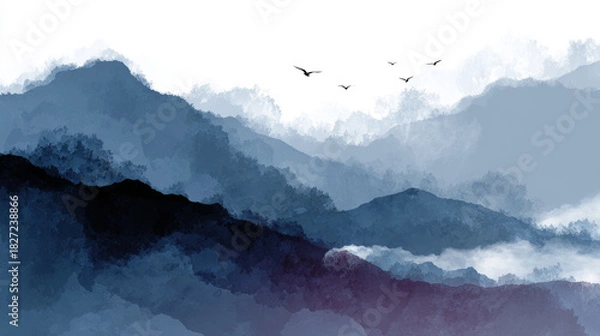 Obraz  Traditional Chinese Ink Painting of Misty Mountains and Birds