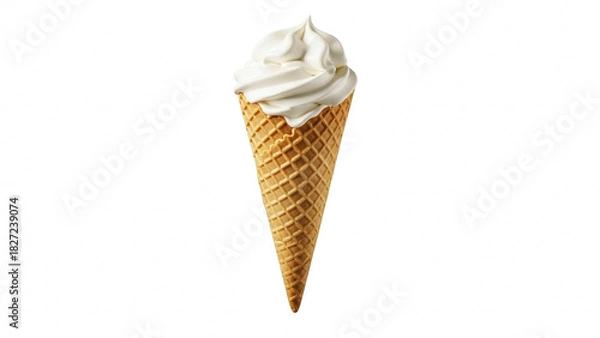 Obraz Delicious vanilla soft serve ice cream swirl in a crispy waffle cone isolated on transparent background
