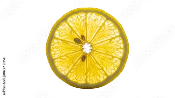 Obraz Translucent slice of yellow lemon fruit shown against a bright transparent background, backlit for detail