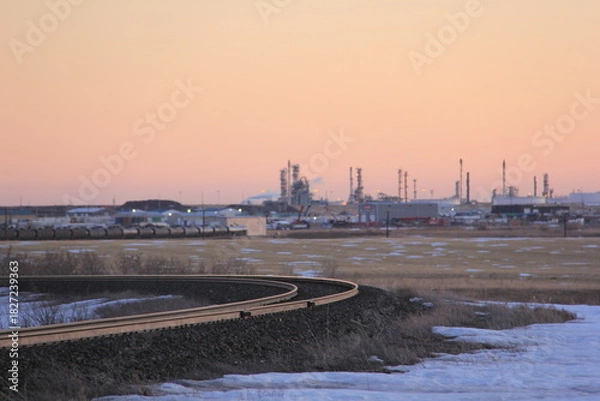 Fototapeta March 21, 2019 sunset in the fog from country to city scenes.