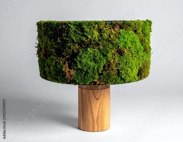 Fototapeta Unique moss-covered lamp with a natural wooden base, showcasing an innovative blend of nature and interior design, perfect for eco-friendly decor.