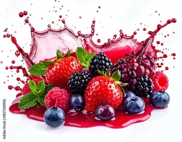 Fototapeta Vibrant Berry Splash - A Dynamic Mix of Fresh Strawberries, Blueberries, Raspberries, and Blackberries with Exploding Juice.