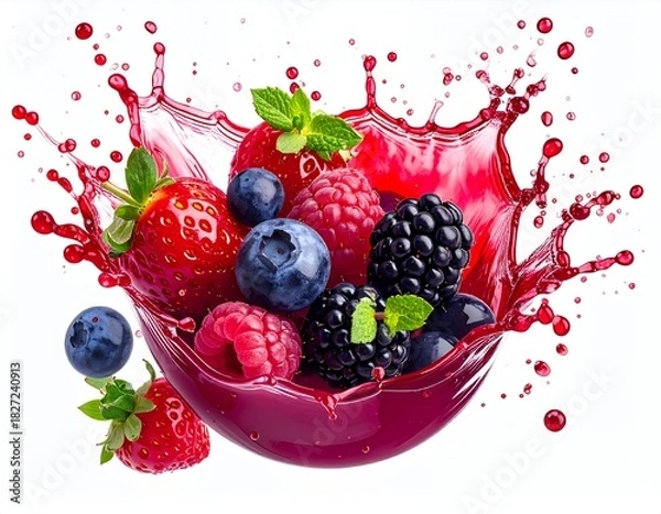 Fototapeta Vibrant Berry Splash - Fresh Strawberries, Blueberries, Raspberries, and Blackberries Bursting with Juice.