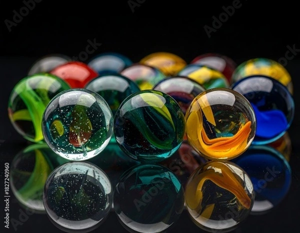 Fototapeta Vibrant Collection of Colorful Glass Marbles Reflecting on a Dark Surface.