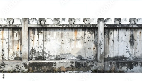 Fototapeta Weathered concrete wall with peeling paint and moss, isolated on a white background, showcasing urban decay and grunge texture.