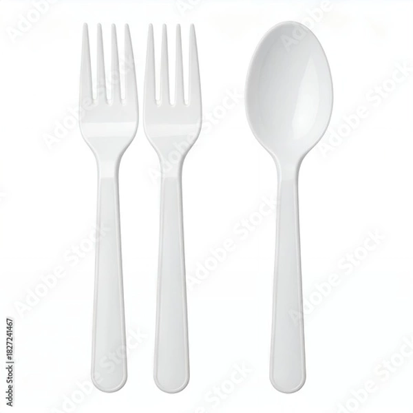 Fototapeta White plastic disposable forks and spoon set for picnics and parties.