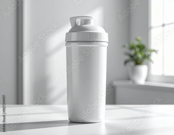 Fototapeta White Protein Shaker Bottle on a Table with Natural Light.