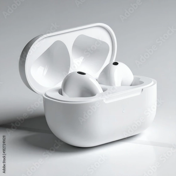 Fototapeta White Wireless Earbuds in Charging Case on a Clean Background.