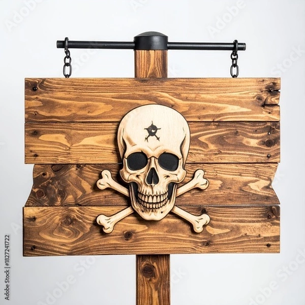 Obraz Wooden sign with skull and crossbones, pirate symbol.