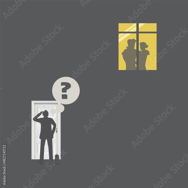 Fototapeta A conceptual illustration showing a person standing outside a white door, looking confused with a question mark thought bubble above their head