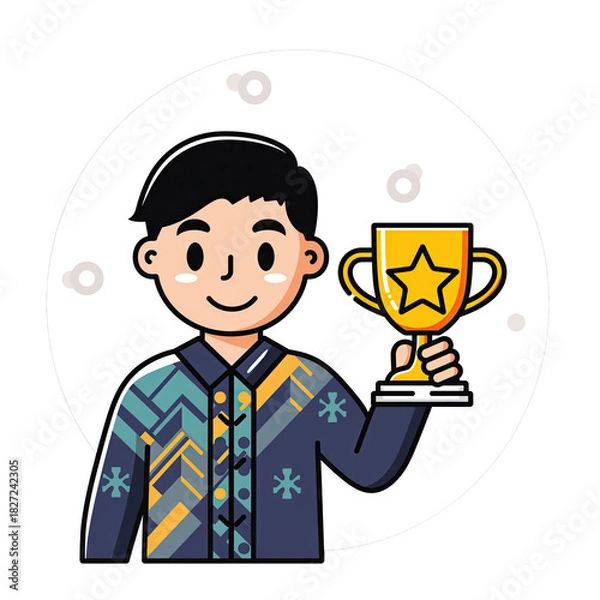 Fototapeta Cartoon Boy Character Holding Golden Trophy with Star Emblem in Flat Vector Illustration Style with Transparent Background Celebrating Achievement and Victory