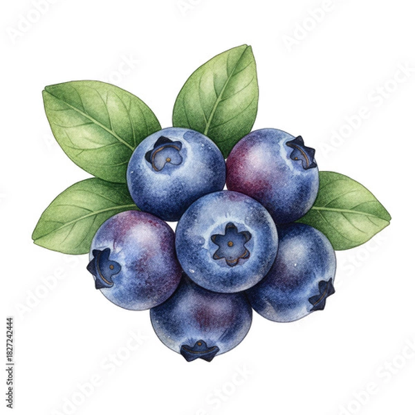 Fototapeta Cluster of Ripe Blueberries with Green Leaves on a Transparent Background Detailed Watercolor Illustration