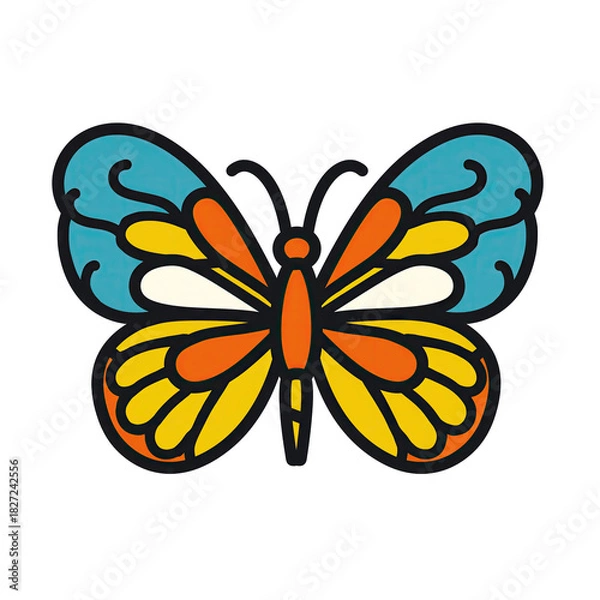 Fototapeta Colorful Butterfly Icon With Orange Blue Yellow White Wings and Black Outline On Transparent Background Represents Nature And Spring