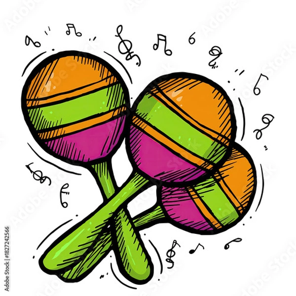 Fototapeta Colorful Cartoon Maracas Musical Instruments with Bold Lines and Hatching Detail Isolated on Transparent Background Festive Celebration Party Sound