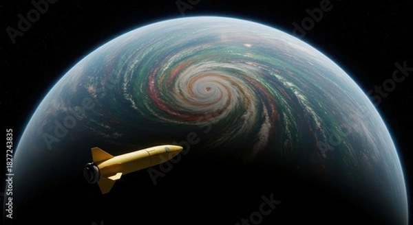 Obraz Conceptual visualization of space travel featuring a stylized yellow rocket near a colorful