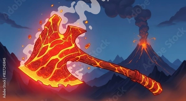 Obraz Volcanic fury illustration fiery lava axe with erupting volcano at night fantasy art