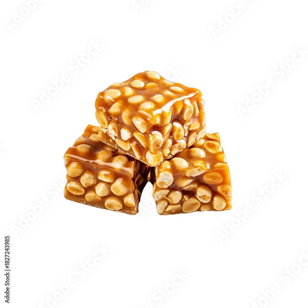 Fototapeta Stacked Crunchy Peanut Brittle Candy Squares with Caramel Coating Isolated on Transparent Background High Clarity Studio Shot Soft Shadows