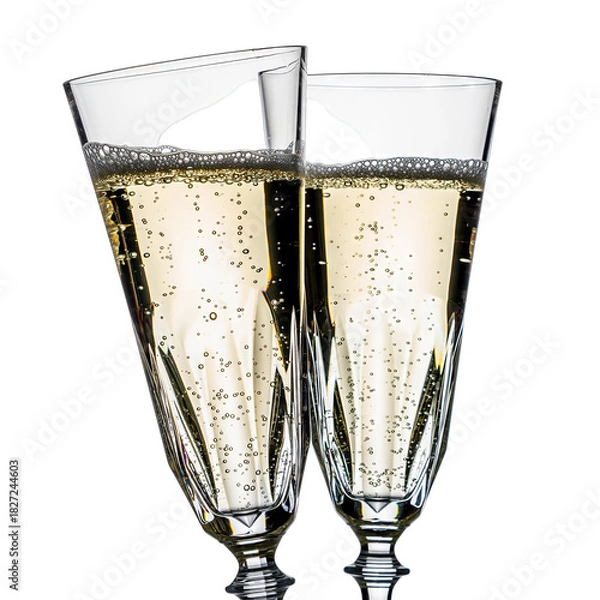 Fototapeta Two Crystal Champagne Flutes Clinking Together Filled With Bubbly Golden Sparkling Wine Against Black Background Studio Shot