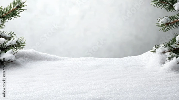 Obraz Snowy winter table with frosted pine branches creating serene holiday scene