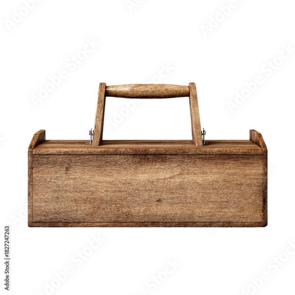 Fototapeta Rustic wooden toolbox with a sturdy handle and metal accents, isolated on a black background.