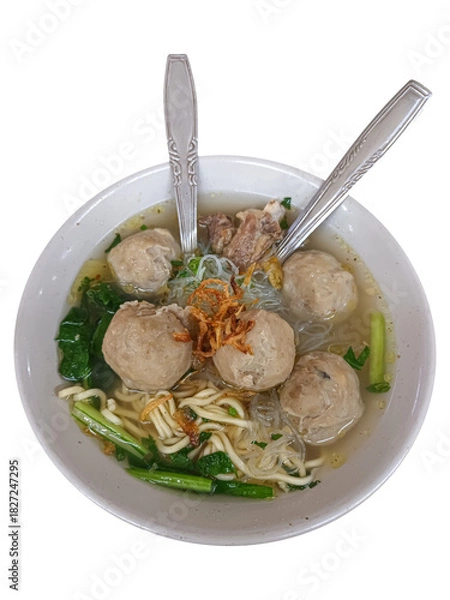 Fototapeta Authentic Indonesian Bakso Beef Meatball Soup with Noodles and Broth