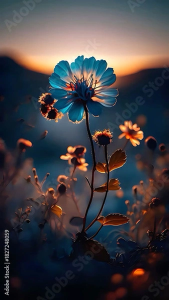 Fototapeta Radiant Blue Wildflower at Sunset with Cinematic Backlighting and Bokeh