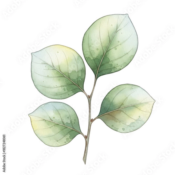 Obraz Delicate Watercolor Branch with Four Pale Green Leaves Isolated on a Transparent Background Smooth Gradients Fluid Texture High Resolution