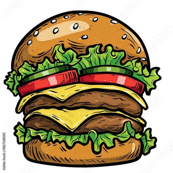 Obraz Delicious Double Cheeseburger With Fresh Lettuce And Tomatoes A Close Up Realistic Illustration On Transparent Background