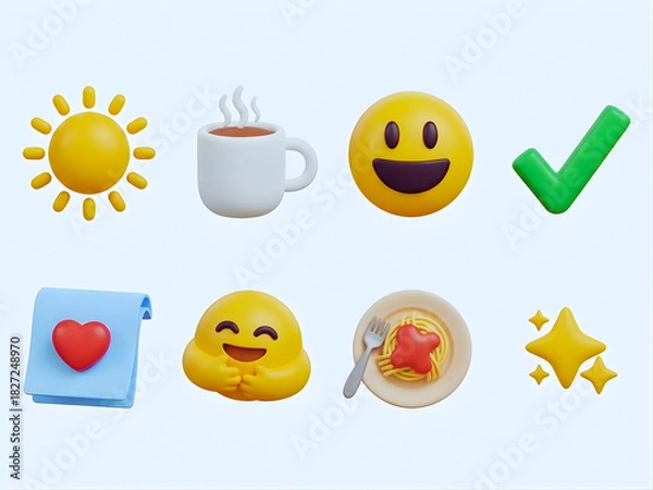 Fototapeta Y2k gratitude vibes icons set – sun, coffee, smile, check, note, hug, pasta, sparkle. 3D icon set