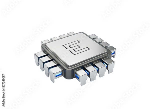 Obraz Detailed 3D Rendering Of A Silver Microchip With Blue LED Lights On Its Legs Isolated On A Black Background With Subtle Shadows And Reflections Showing Its Intricate Design Ideal For Technology