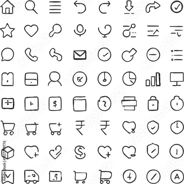 Fototapeta Web Icon Set: A comprehensive collection of hand-drawn web icons, perfect for web design, app development, and UI/UX projects. These simple icons can be used for any digital interface.
