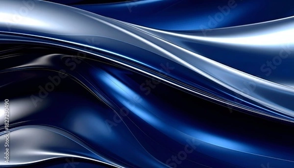 Fototapeta Fluid, metallic abstract with swirling blue and silver curves, high contrast and gloss