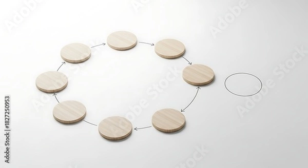 Fototapeta Wooden circular diagram with eight connected tokens and one empty spot, isolated on white background