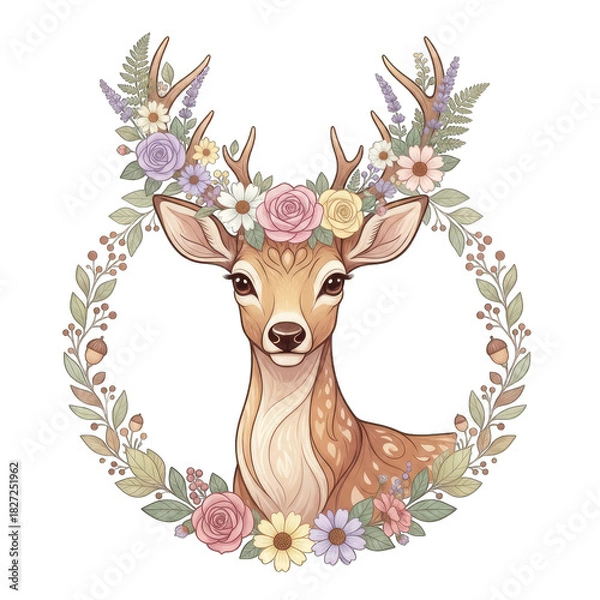 Obraz Elegant Deer Portrait Adorned with a Soft Pastel Floral Wreath Delicate Antlers and Botanical Accents on a Transparent Background