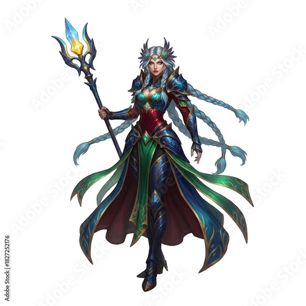 Obraz Elegant Fantasy Queen With Long Braids Holding Ornate Staff Adorned With Jewels Standing In Regal Pose Detailed Blue Green And Red Armor With Gold Accents Majestic Aura And Crown Symbolizing Power