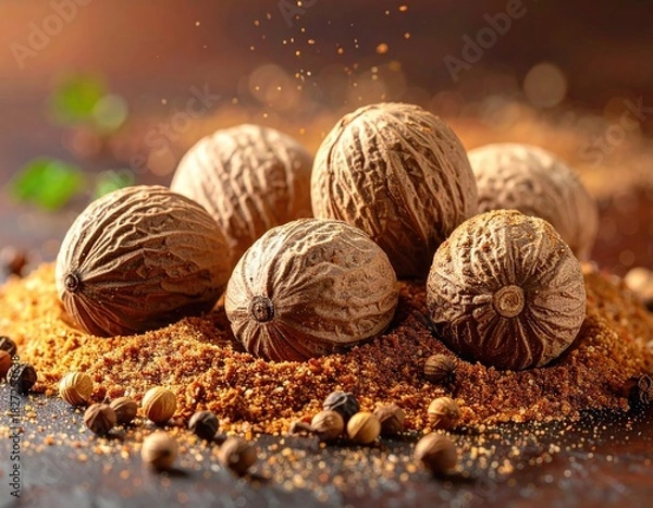 Fototapeta Nutmeg arrangement with ground spice dusting