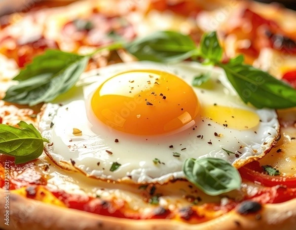 Fototapeta Pizza topped with a fried egg and fresh basil leaves