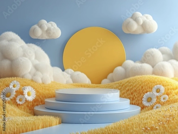 Obraz Healing Natural Style Product Display with Sky Blue Background, Fluffy Sun and Cloud Decor, Wheat Field Texture and Daisies, Soft Atmosphere Ultra HD 8K Render