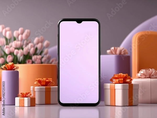 Obraz Tech E-commerce Product Display with Light Purple Background, Black Smartphone and Pink Gift Box Decor, Soft Lighting Minimalist Style Ultra HD 8K Render