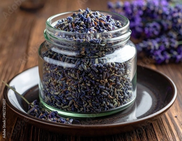 Fototapeta Lavender buds in jar, on plate. Close-up on wood grain