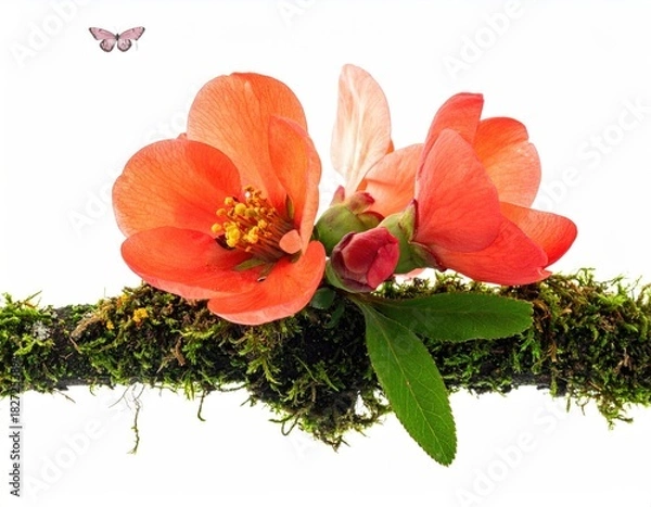 Fototapeta Coral blooms adorn mossy branch, butterfly flies above